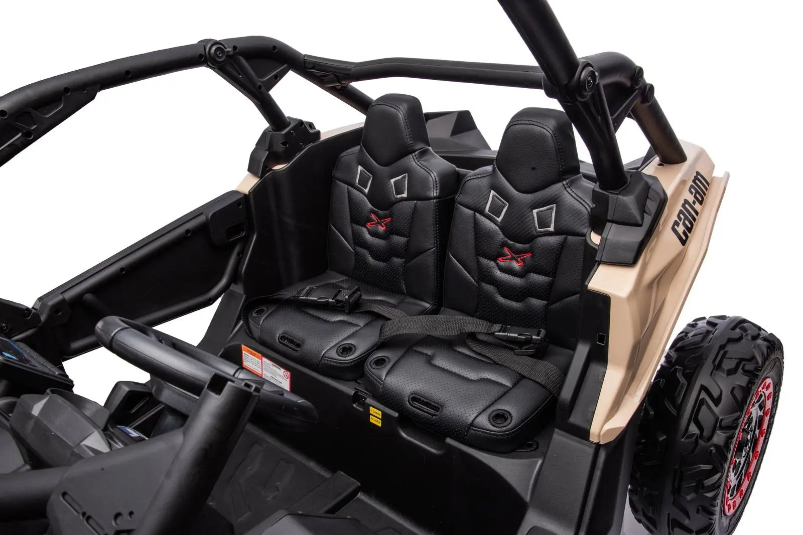 Two-seater Can-Am Maverick kids ride-on UTV with black seats and rugged design