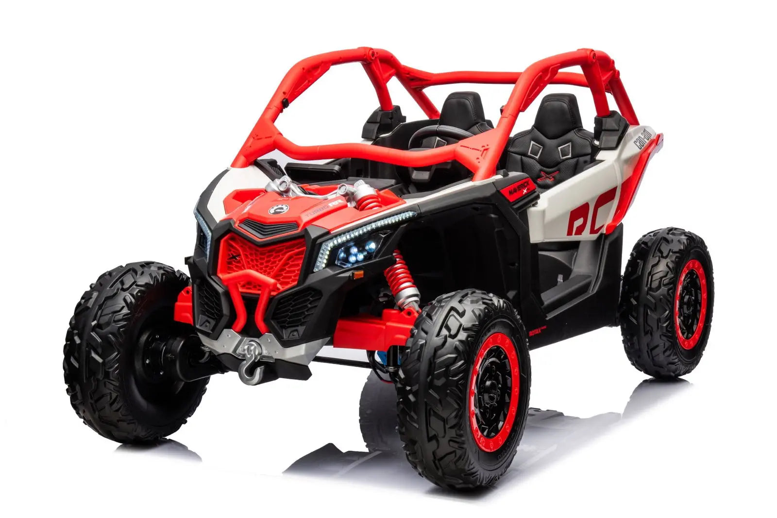 Red and black 2-seater kids ride-on UTV with off-road tires and rugged styling