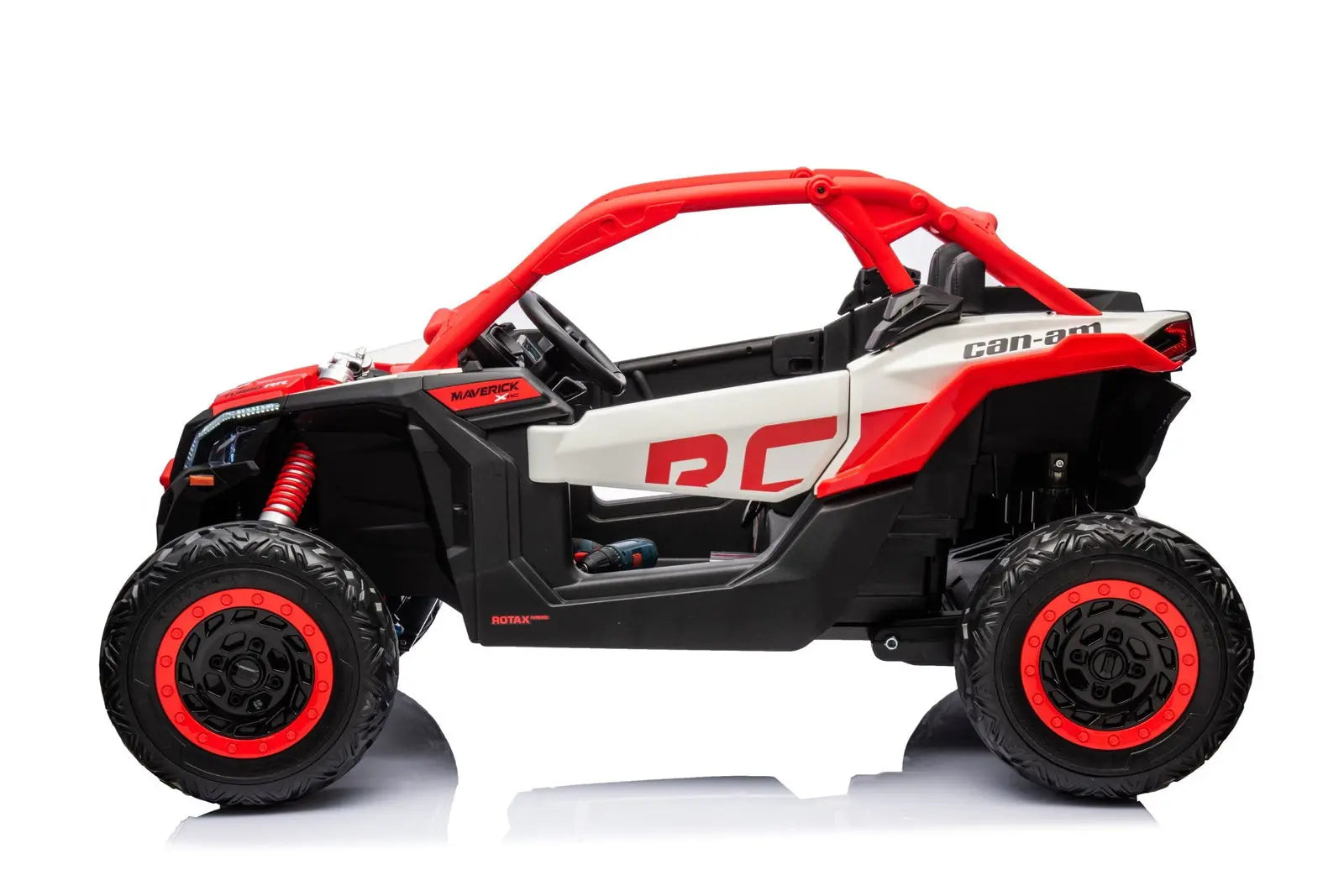 2-seater red and black kids ride-on UTV toy with large rugged wheels and open sides