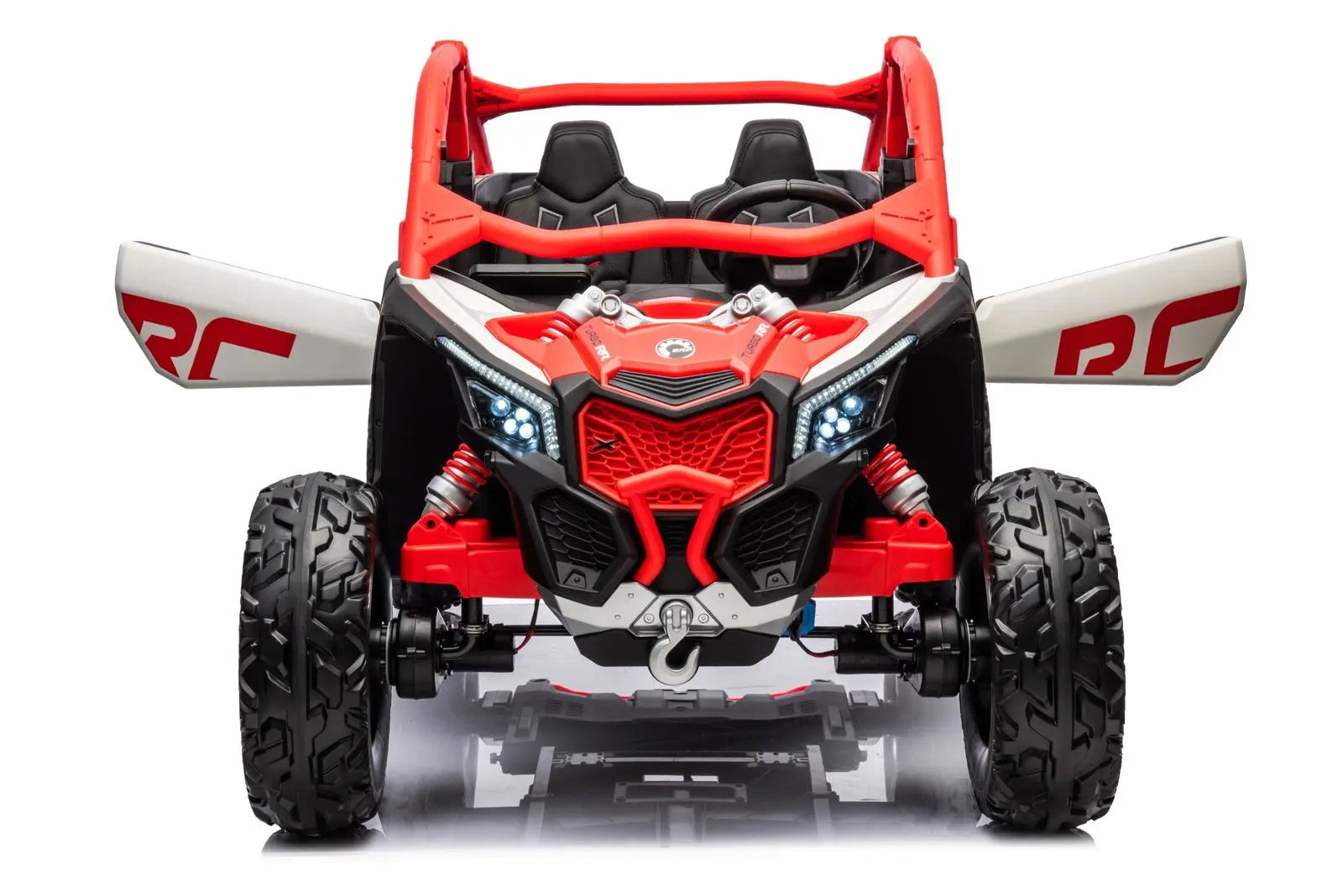 Red and black 2-seater kids ride-on UTV toy with off-road tires and open doors