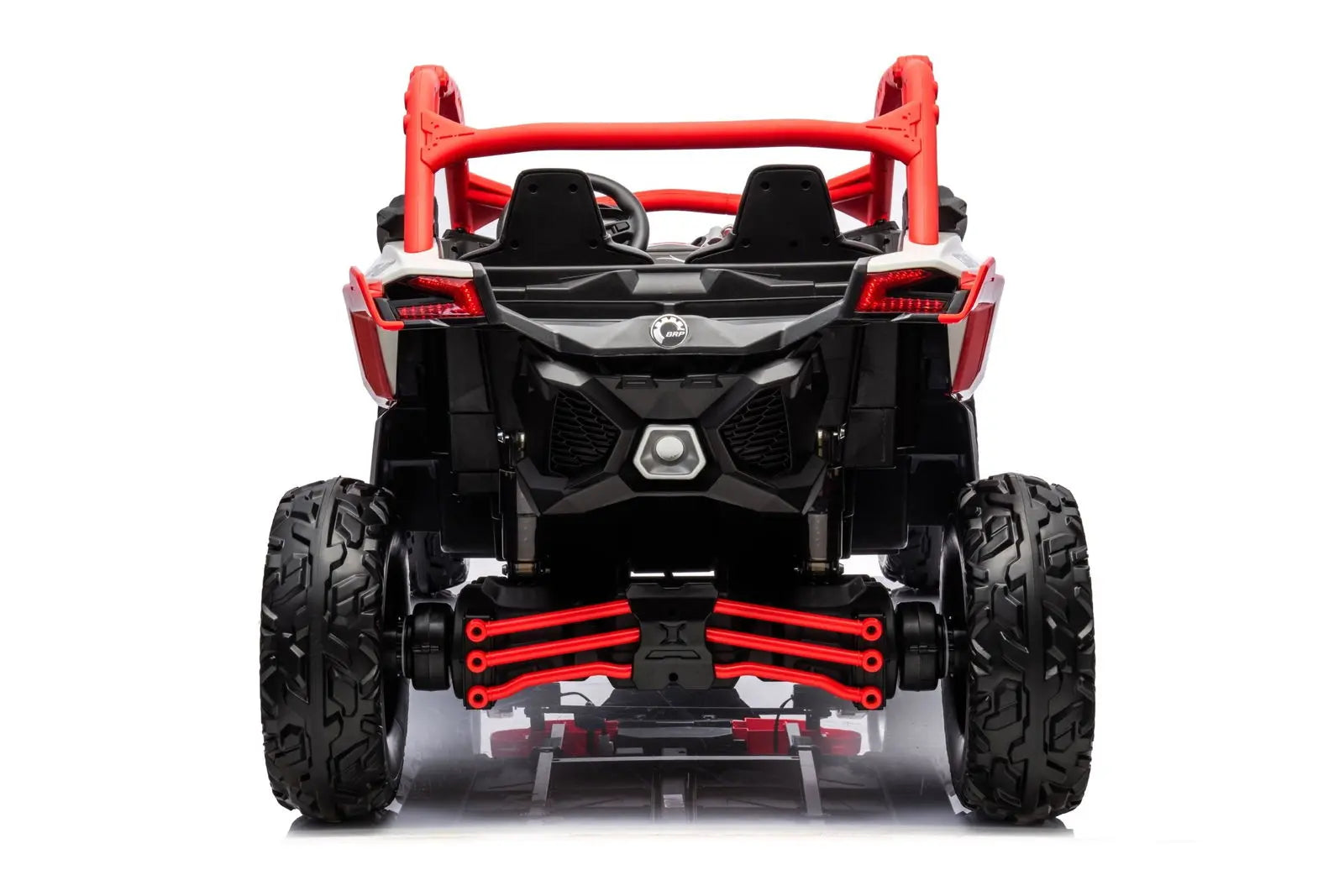 Rear view of kids' 2-seater ride-on UTV toy with rugged tires and red accents