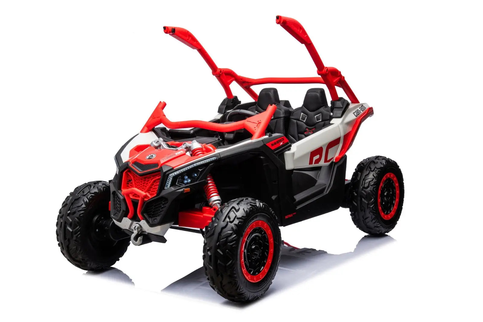 Red and black 2-seater ride-on UTV toy vehicle for kids with rugged off-road tires