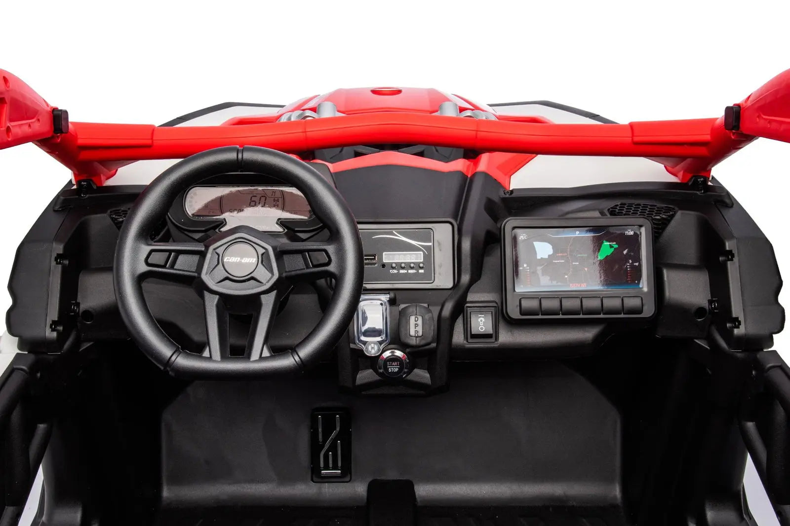 Interior dashboard of kids 2-seater ride on UTV, featuring steering wheel and controls