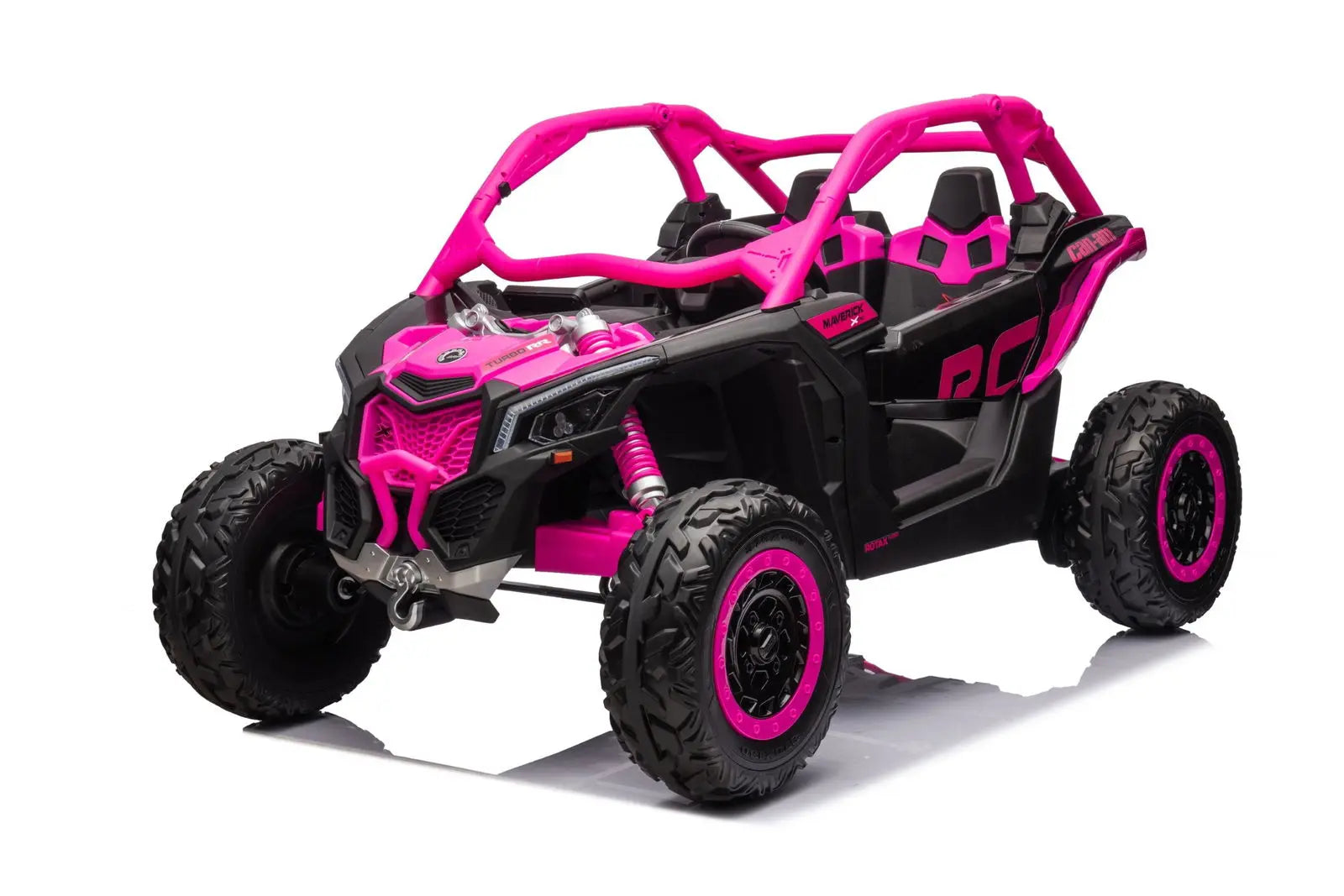 Pink and black 2-seater kids ride-on UTV with rugged tires on white background