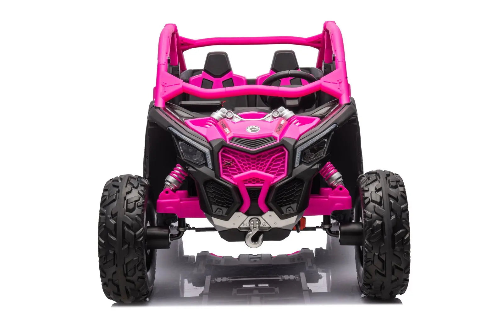 Front view of pink 2-seater ride-on UTV for kids with rugged tires and black details