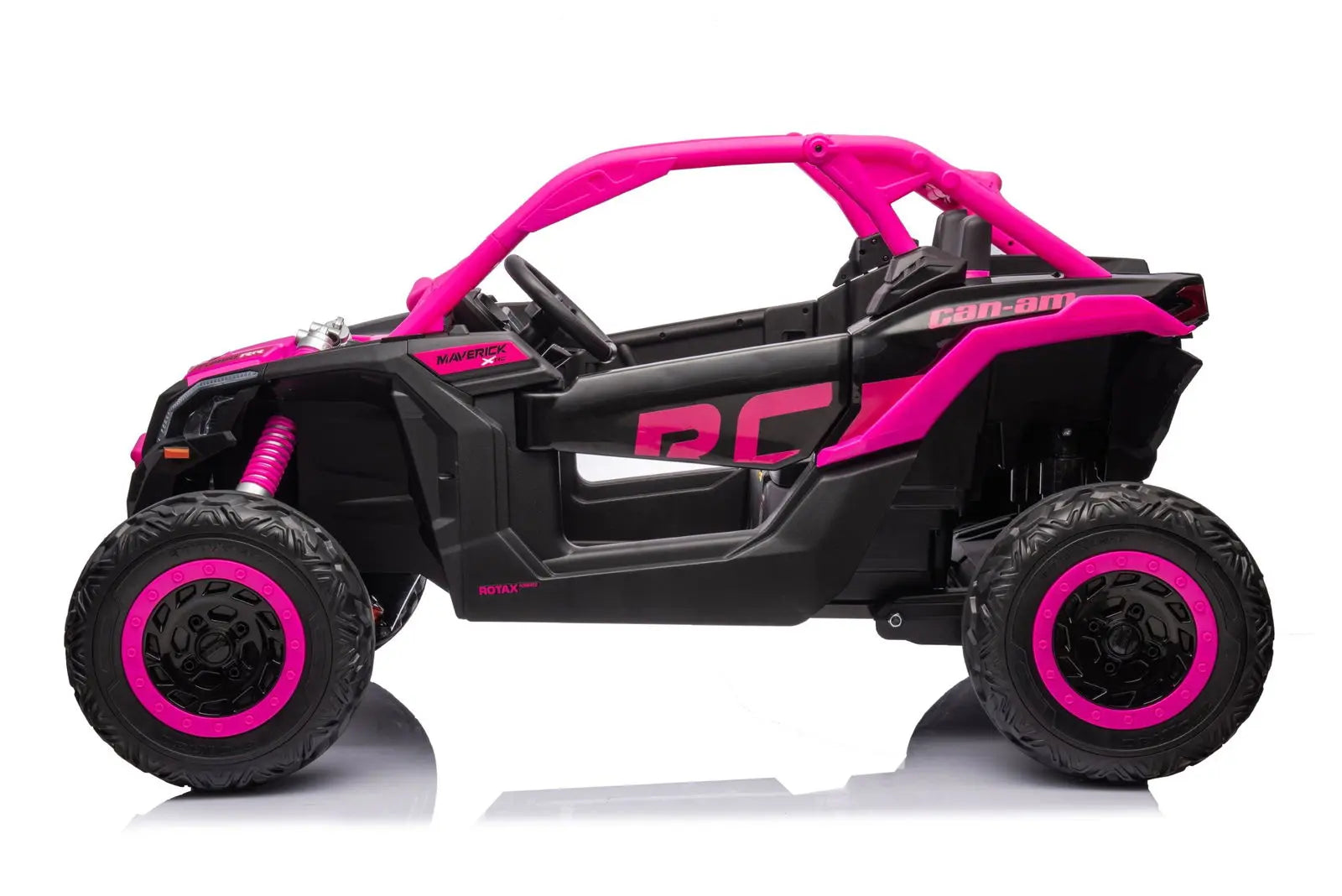 Pink and black 2-seater ride-on UTV toy for kids, Can-Am Maverick, side view