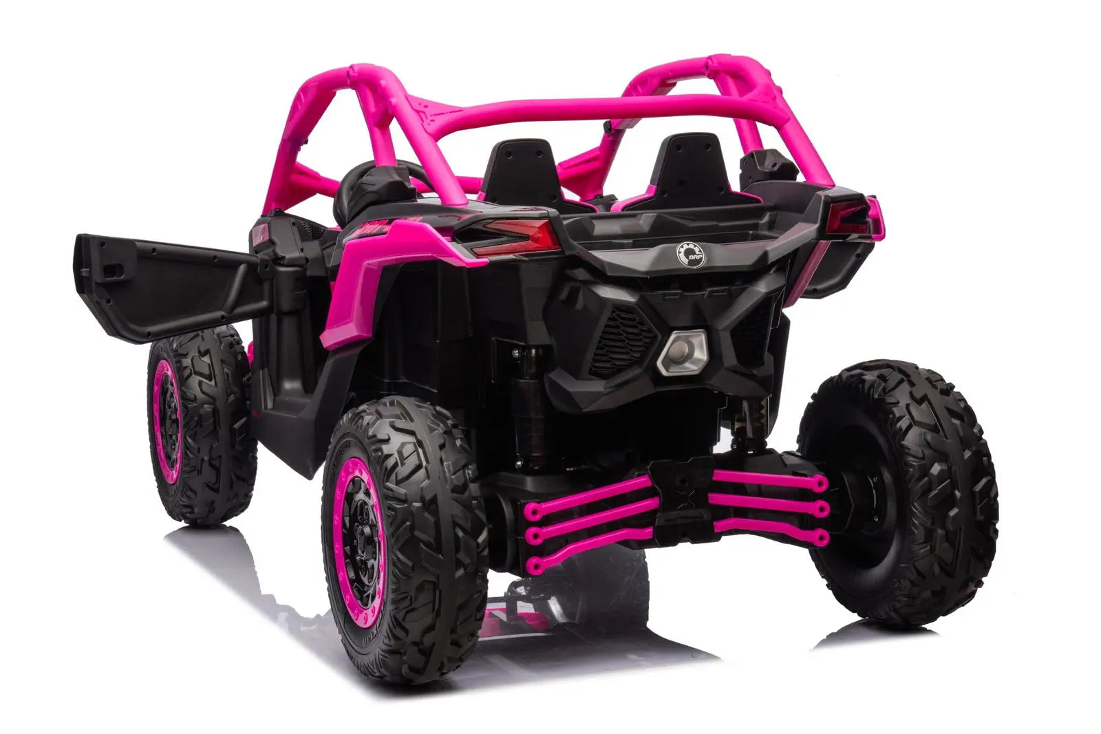 Pink and black 2-seater ride on UTV for kids, off-road tires, side door open, rear view