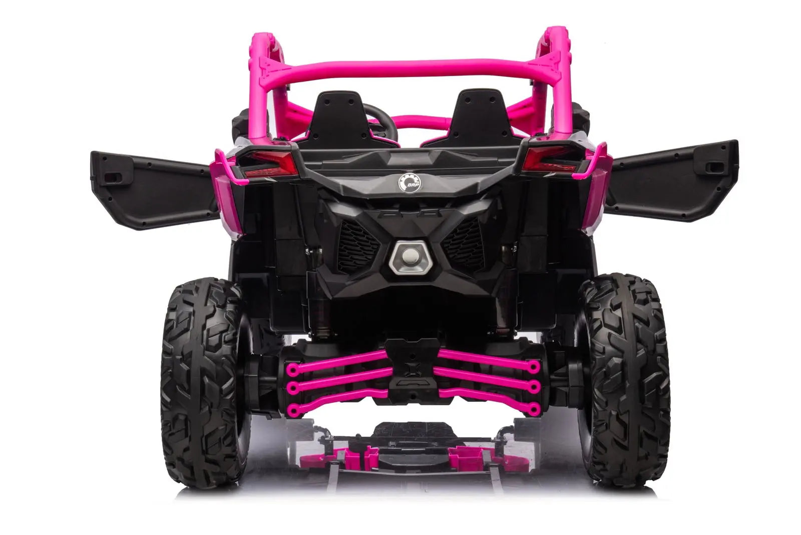 Rear view of black and pink 2-seater kids ride-on UTV with open doors and off-road tires