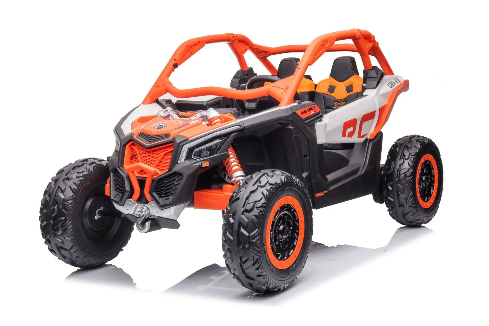 Kids ride-on 4x4 UTV with orange and black details, rugged tires, and two seats