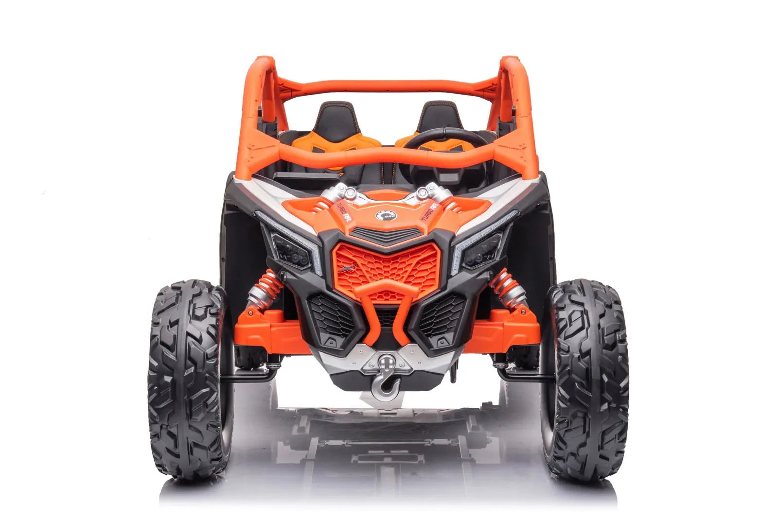 Orange and black 2-seater ride-on UTV toy car for kids with rugged tires and realistic details
