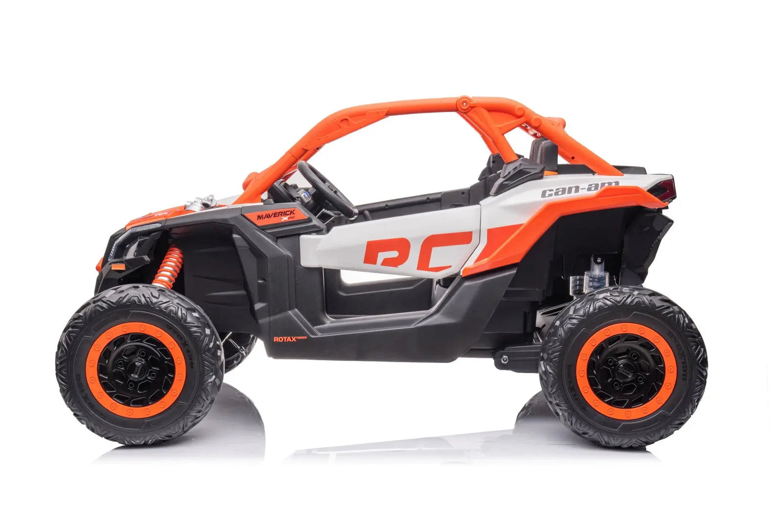 2-seater kids ride-on UTV toy, Can-Am Maverick, in black, white and orange.
