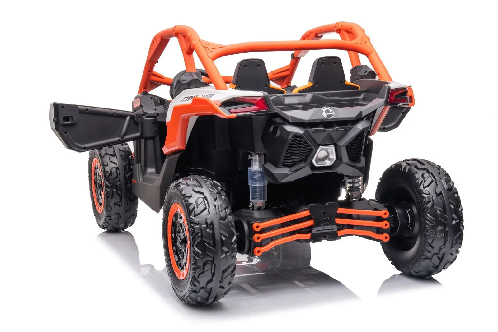 Rear view of orange and black Can-Am Maverick ride-on 4x4 UTV toy for kids with open door