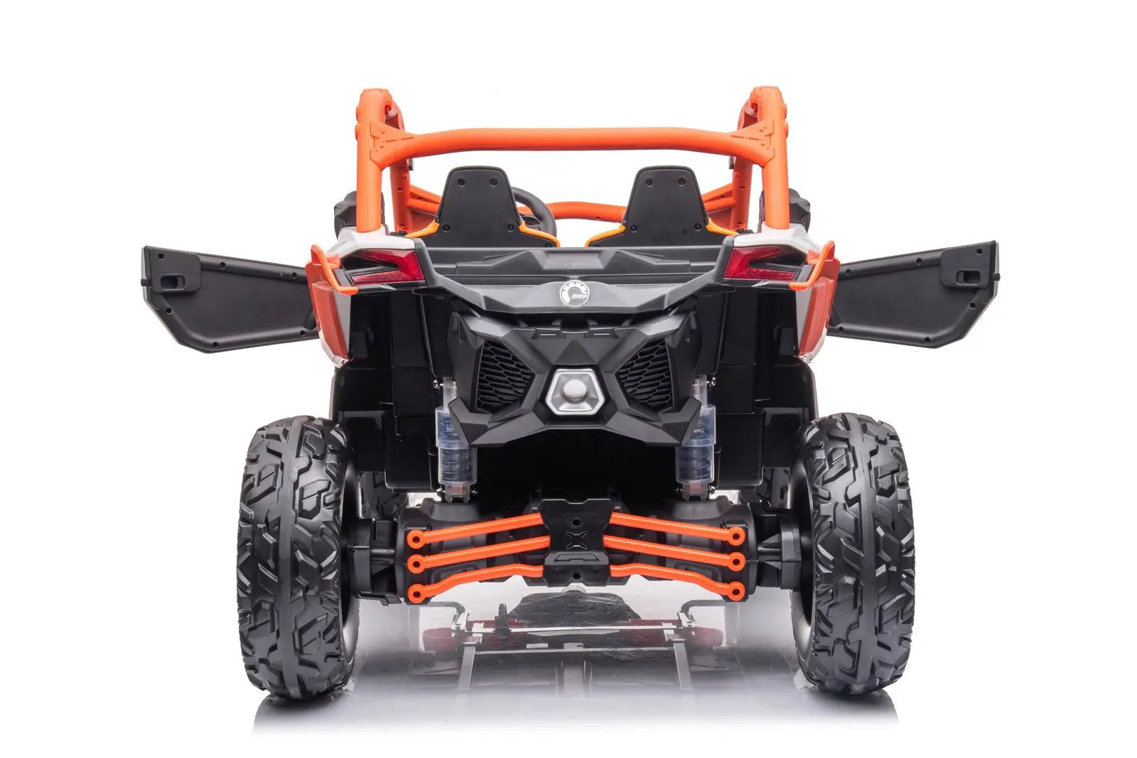 Rear view of a black and orange kids' 2-seater ride-on UTV with open doors and rugged tires