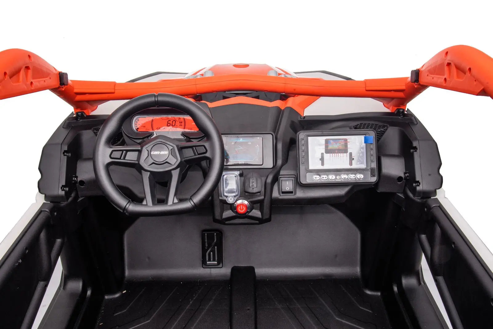 Kids' ride-on UTV dashboard with steering wheel, digital gauges, and control buttons.