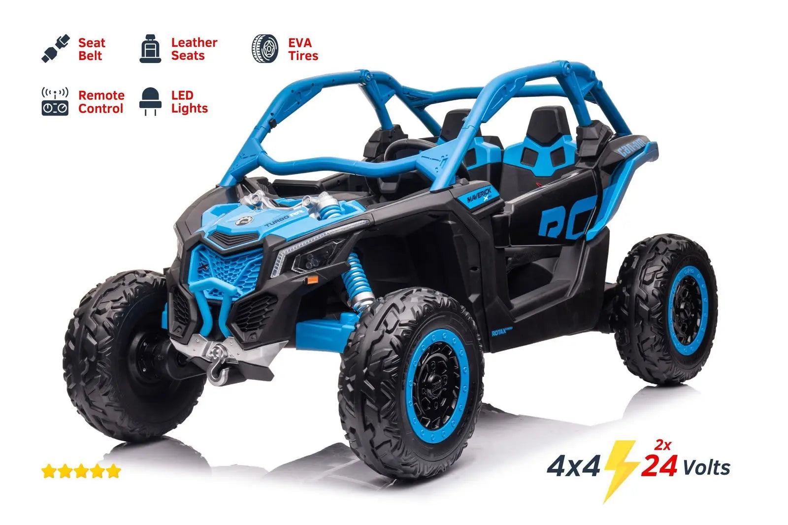 Blue and black 2-seater kids ride-on UTV with 4x4 wheels, LED lights, and remote control