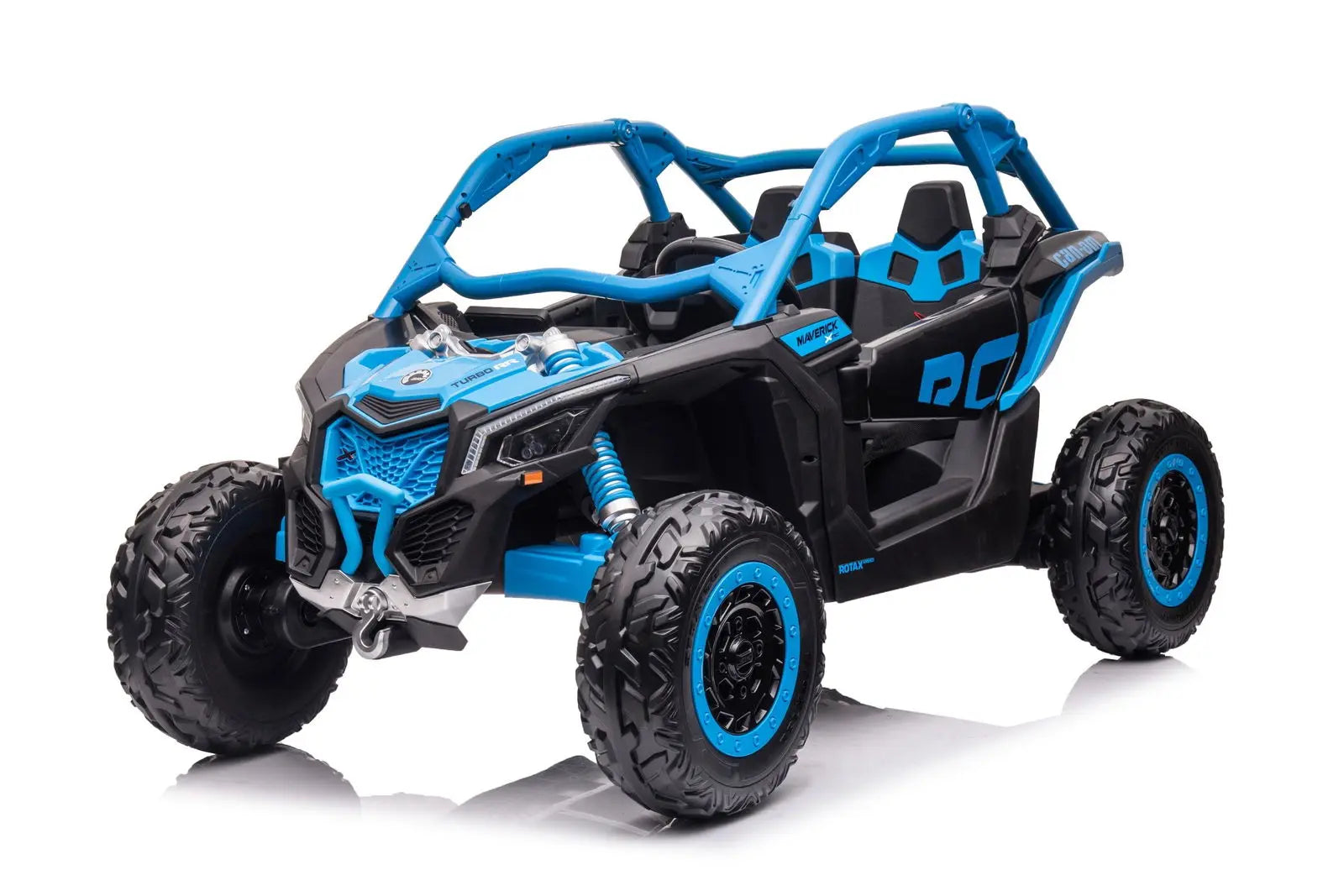 Blue and black Can-Am Maverick 2-seater kids ride-on UTV with off-road tires