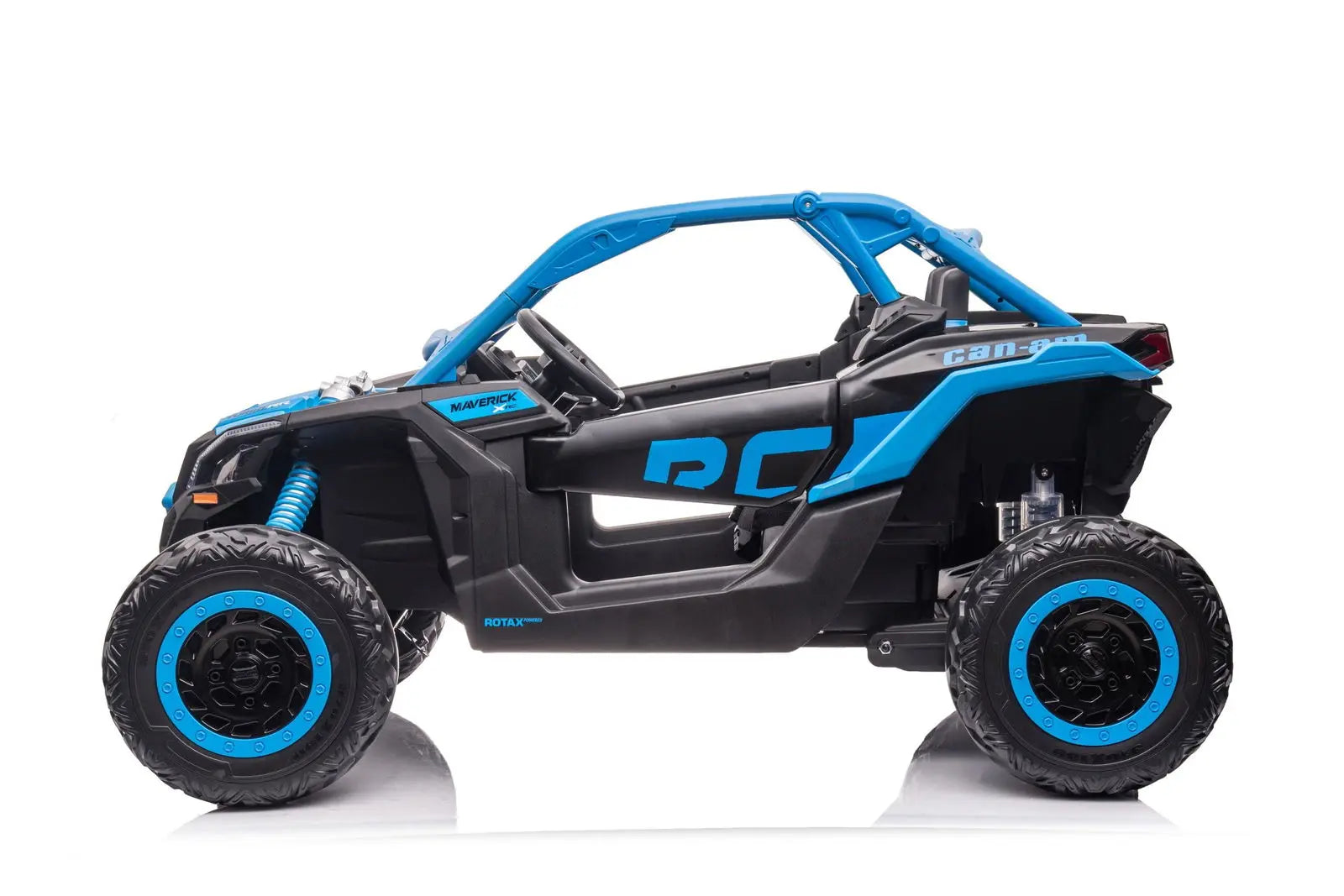 Blue and black two-seater kids' ride-on UTV toy resembling a Can-Am Maverick, side view