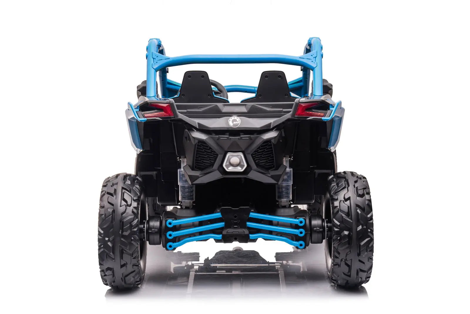 Rear view of kids' 2 seater ride on UTV with rugged tires and blue frame