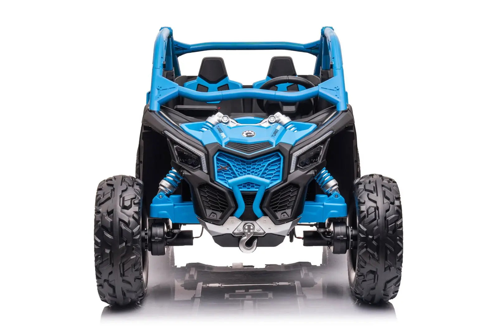 Blue 2-seater ride-on UTV toy for kids, rugged tires, off-road style, front view