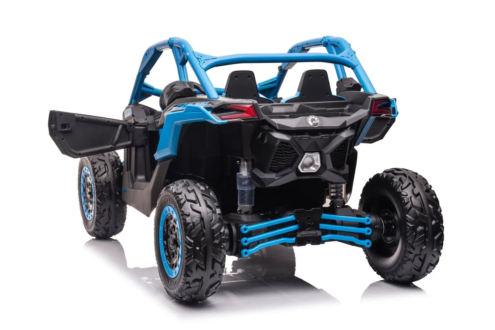 Blue and black 2-seater kids ride-on UTV with rugged tires, open side door, and roll cage