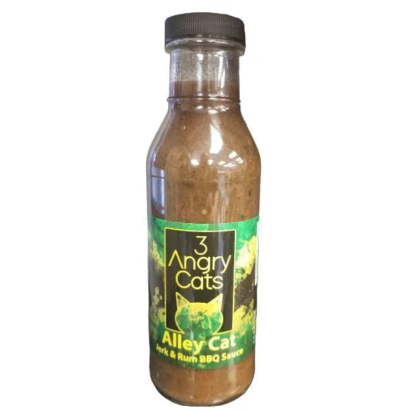 3 Angry Cats Alley Cat Jerk & Rum BBQ Sauce bottle, front label visible