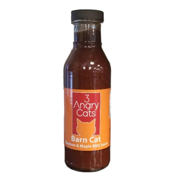 3 Angry Cats Barn Cat Bourbon & Maple BBQ Sauce bottle with orange label