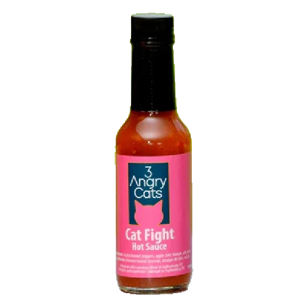 3 Angry Cats Cat Fight hot sauce bottle with pink label and cat silhouette.