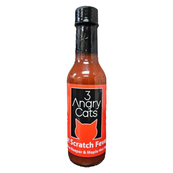 3 Angry Cats Cat Scratch Fever Carolina Reaper and maple hot sauce bottle on black background