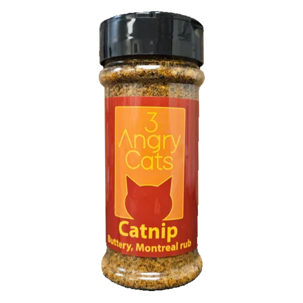 3 Angry Cats Catnip Buttery Montreal BBQ rub seasoning bottle with red label