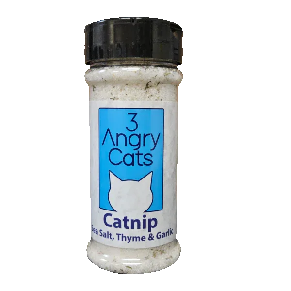 3 Angry Cats Catnip Finishing Salt bottle with sea salt, thyme, and garlic label