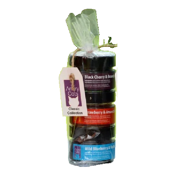 Angry Cats Classic Collection stacked jars gift set with black cherry, strawberry, and blueberry preserves