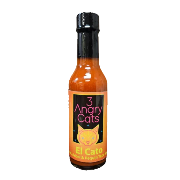 3 Angry Cats El Cato hot sauce bottle with yellow cat label and black cap