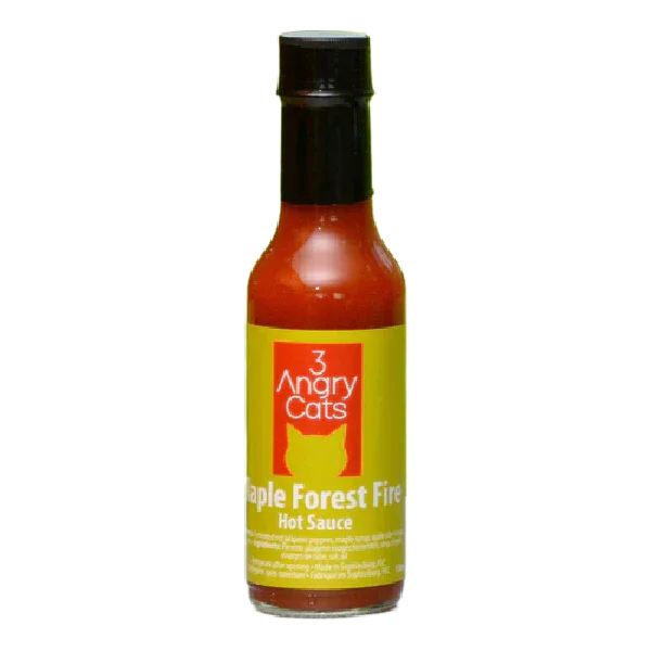 3 Angry Cats Maple Forest Fire Hot Sauce bottle with yellow and red label