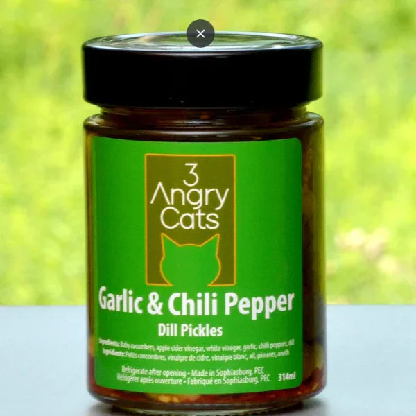 Jar of 3 Angry Cats Garlic and Chili Pepper dill pickles with green label outdoors