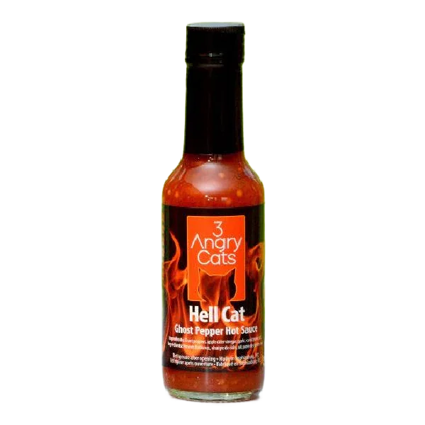 3 Angry Cats Hell Cat ghost pepper hot sauce bottle with fiery label design