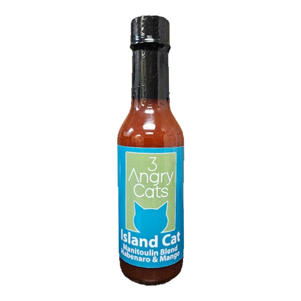 3 Angry Cats Island Cat habanero mango hot sauce bottle with blue label