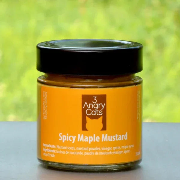 Jar of 3 Angry Cats Spicy Maple Mustard outdoors on a table with green background