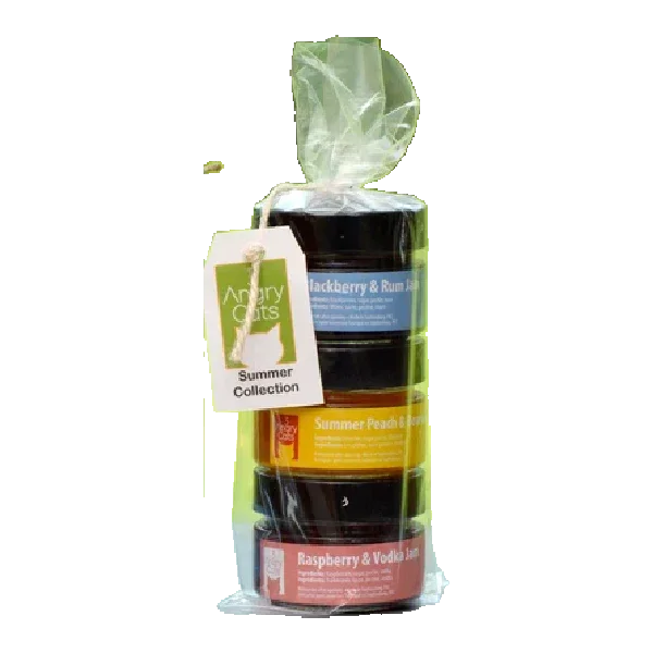 Stacked summer collection of Angry Cats jams in clear gift wrap, featuring colorful labels.