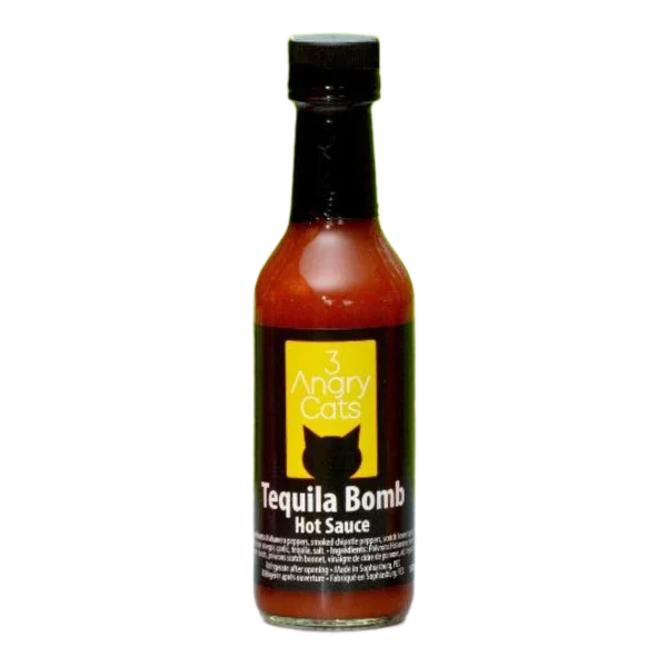 3 Angry Cats Tequila Bomb Hot Sauce bottle with dark label and cat graphic