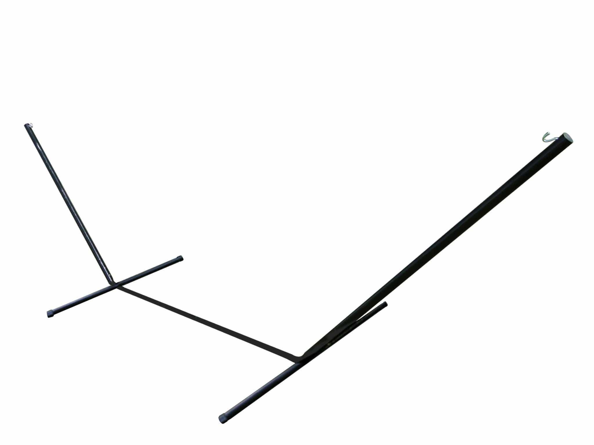 15 ft black steel 3-beam hammock stand with hooks on a white background