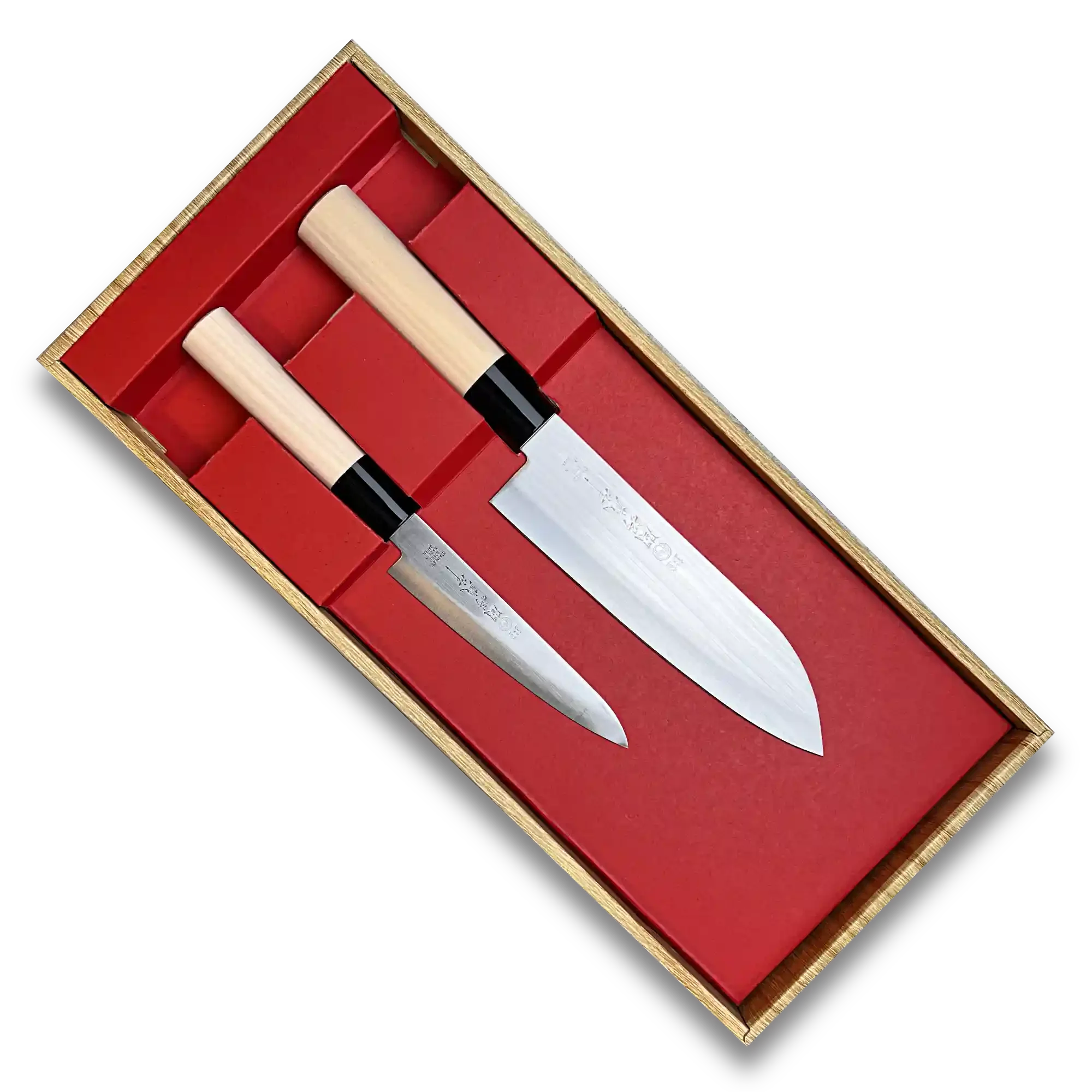 Japanese chef knife set with wooden handles in a red and wood gift box
