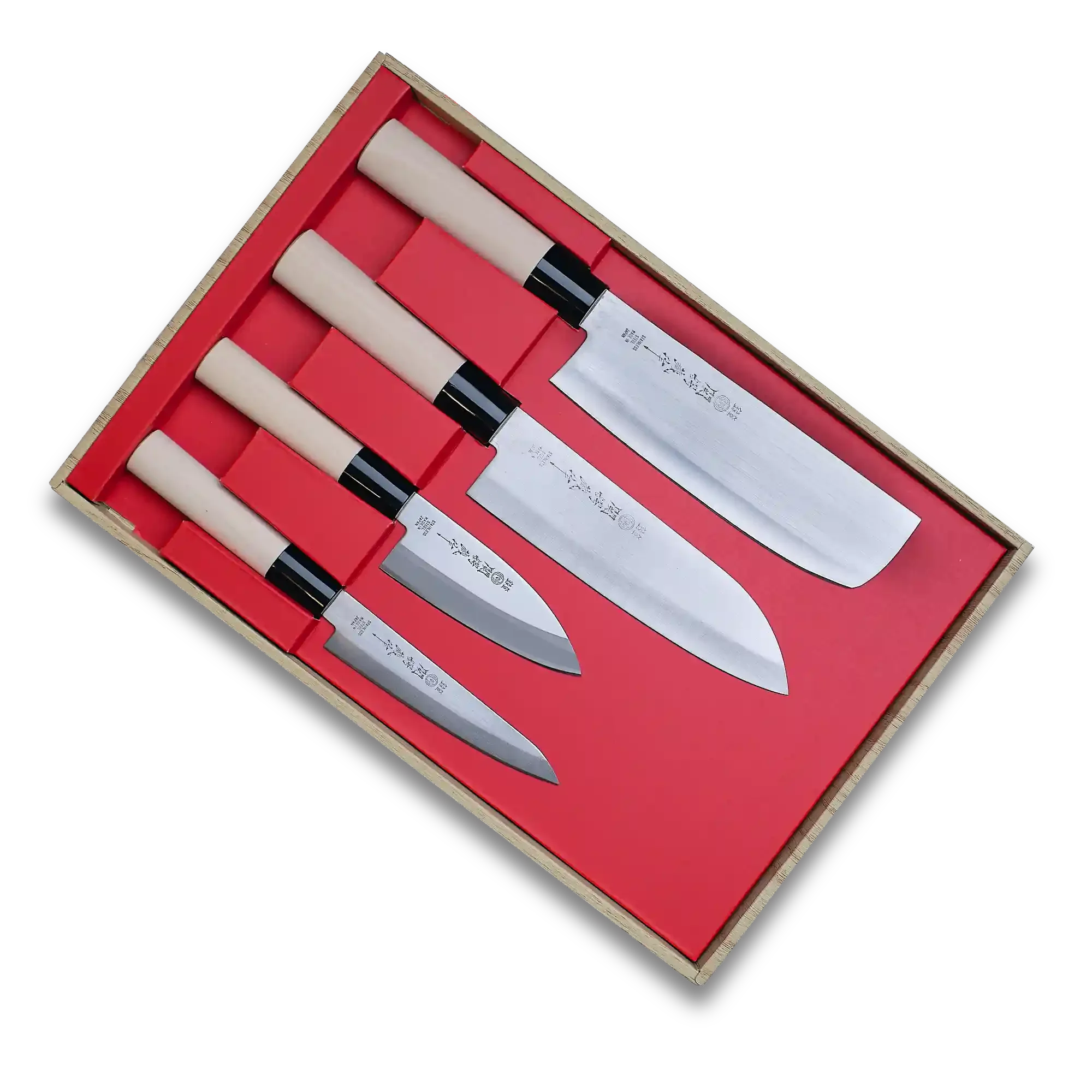 Set of four Japanese chef knives with wooden handles in a red-lined box