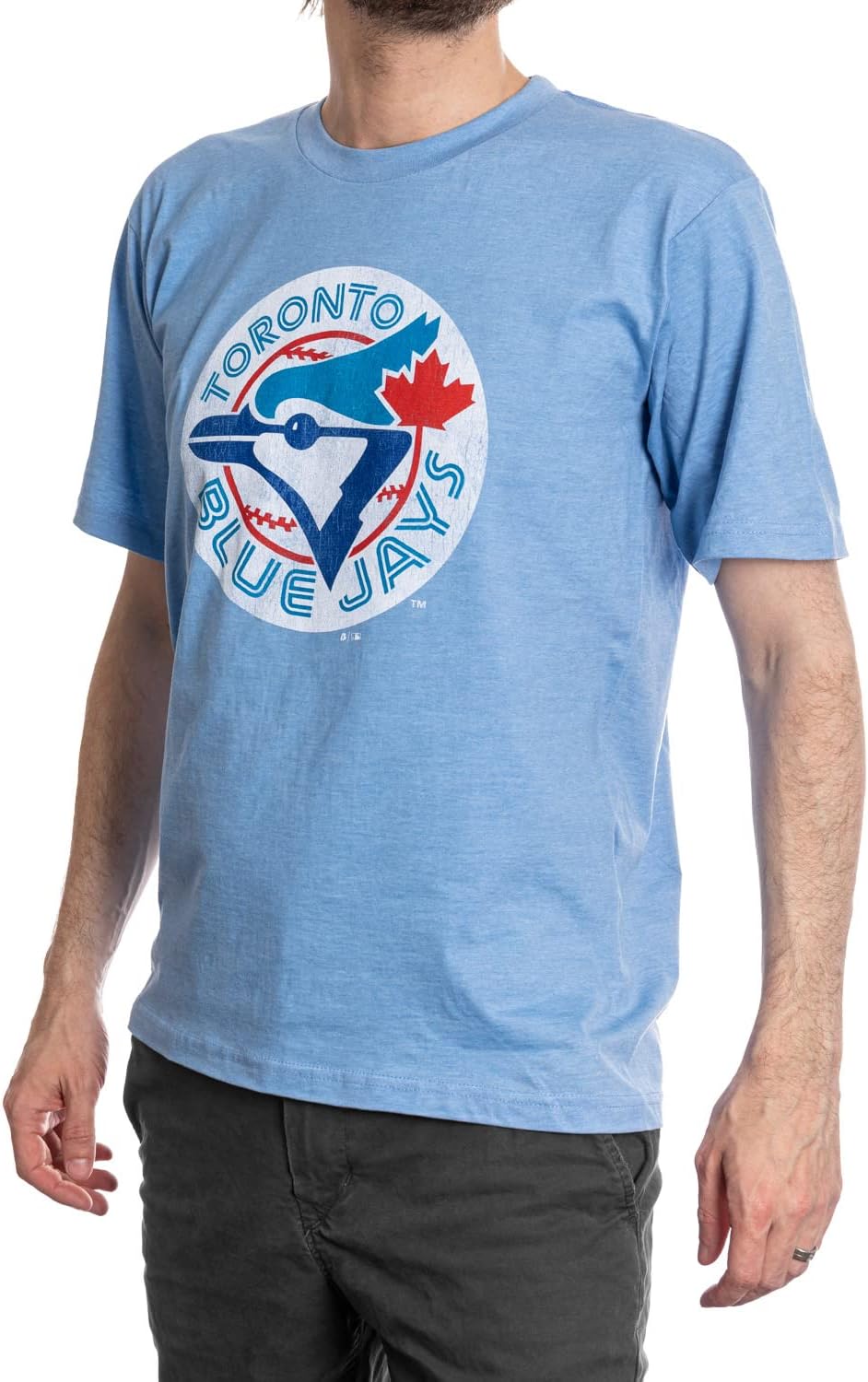 Light blue Toronto Blue Jays graphic t-shirt, front view on model, casual apparel