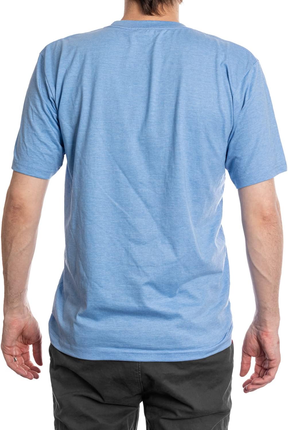 Back view of man wearing light blue short sleeve t-shirt and dark outdoor pants