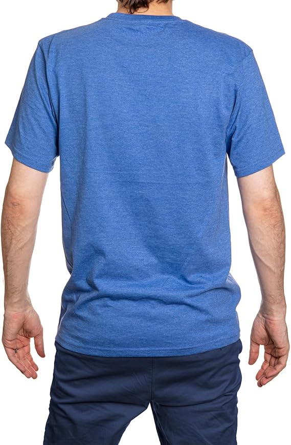 Back view of man wearing blue short sleeve t-shirt and navy pants, outdoor apparel