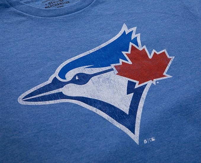 Blue t-shirt with a bird and red maple leaf logo on the chest, outdoor apparel
