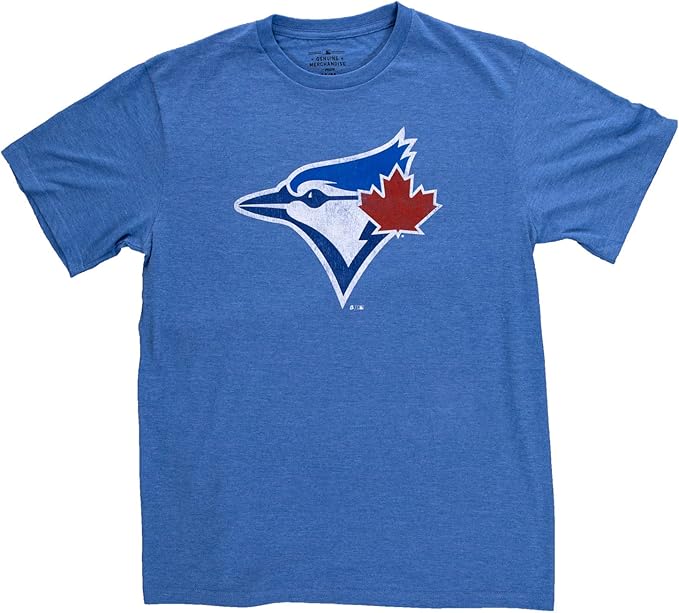 Blue crew neck t-shirt with a stylized bird and red maple leaf graphic on the chest.