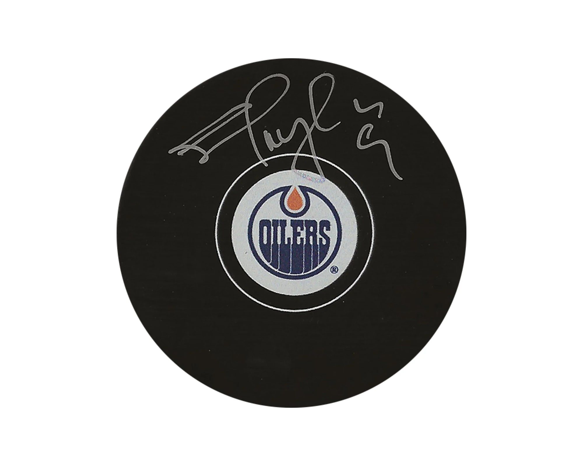 Signed hockey puck with Edmonton Oilers logo on white background