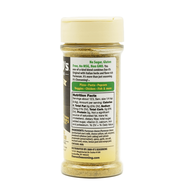 Dan-O's parmesan seasoning bottle with nutrition facts and gluten free label