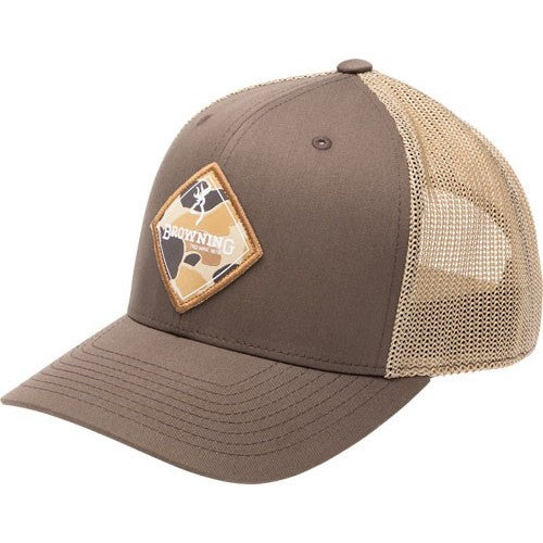 Browning Lure Cap brown Flexfit 110 trucker hat with breathable mesh back and adjustable snapback closure